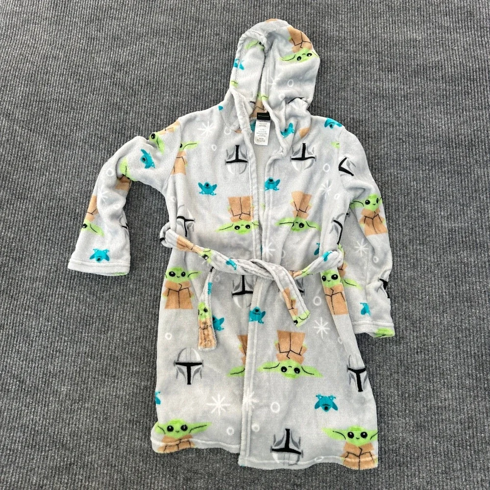 Star Wars Mandalorian Grogu Baby Yoda Hooded Plush Robe Boys Size L 10 Gray EUC
